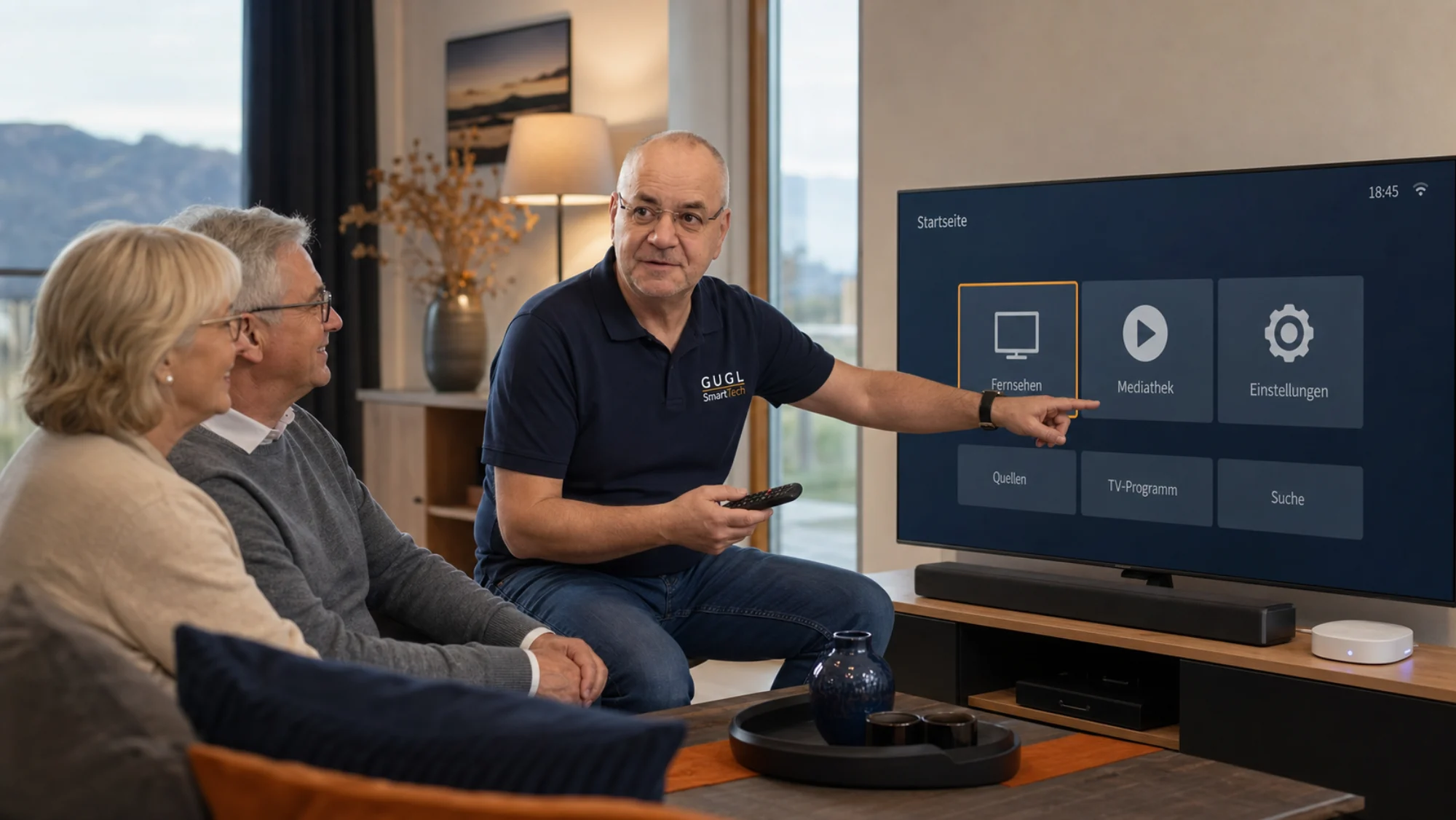 Günther Gugl erklärt einem Ehepaar die Bedienung des Fernsehers