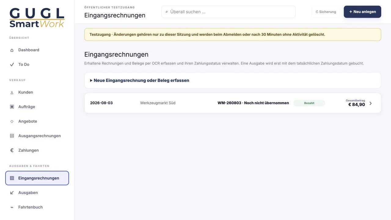 Belege in GUGL SmartWork