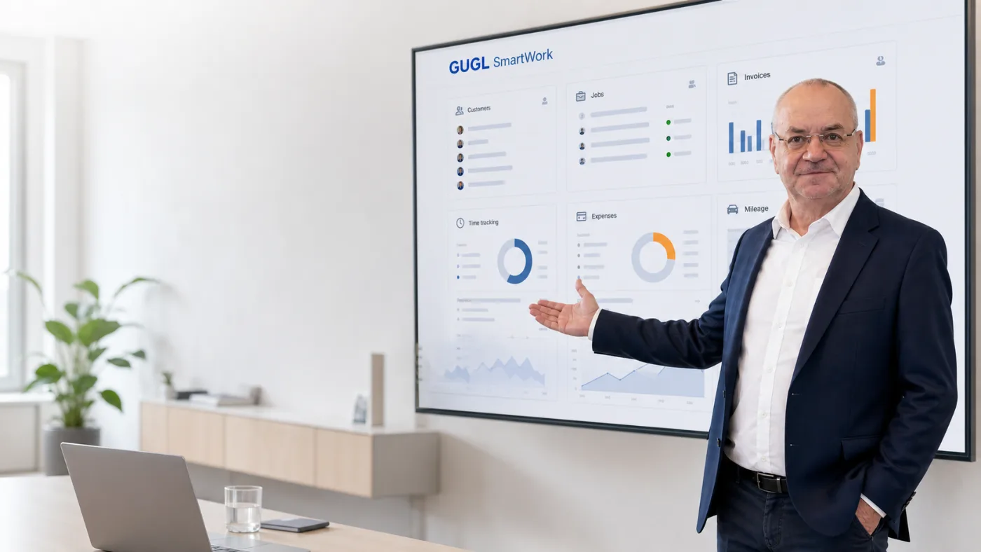 Günther Gugl präsentiert GUGL SmartWork auf einem großen Bildschirm