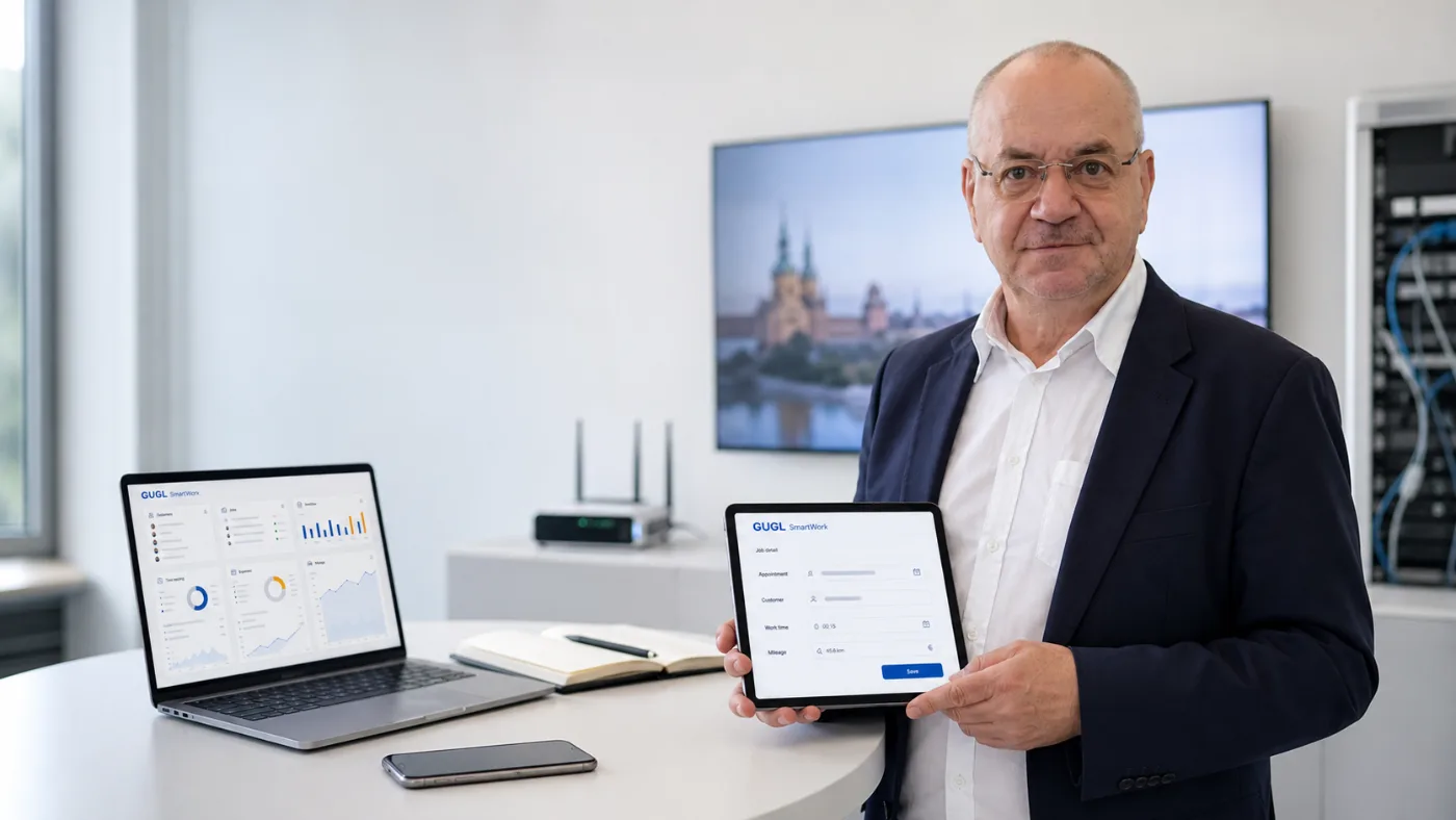 Günther Gugl erfasst Arbeitszeit und Kilometer auf dem Tablet